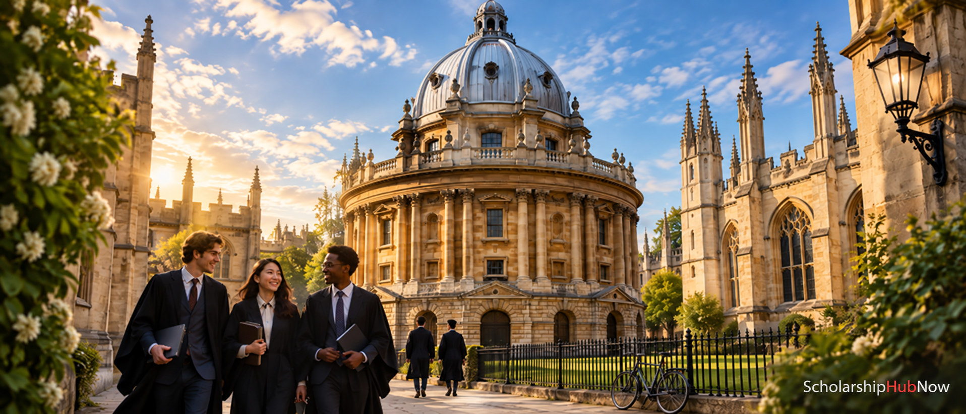 AI-generated Oxford university scene for Oxford Clarendon Scholarship 2027–28 with ScholarshipHubNow white and red watermark