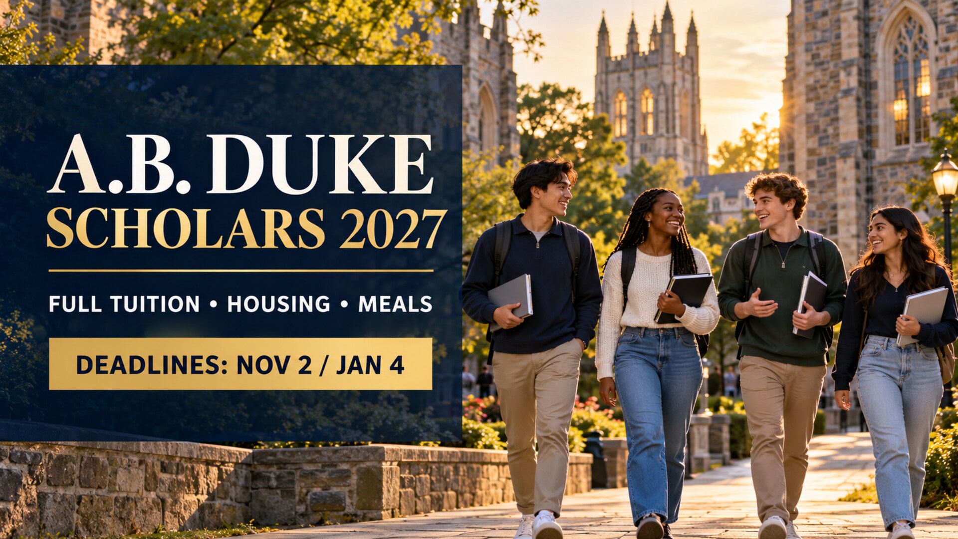 Editorial illustration of diverse undergraduate students with A.B. Duke Scholars 2027 full tuition, housing and meals deadline text
