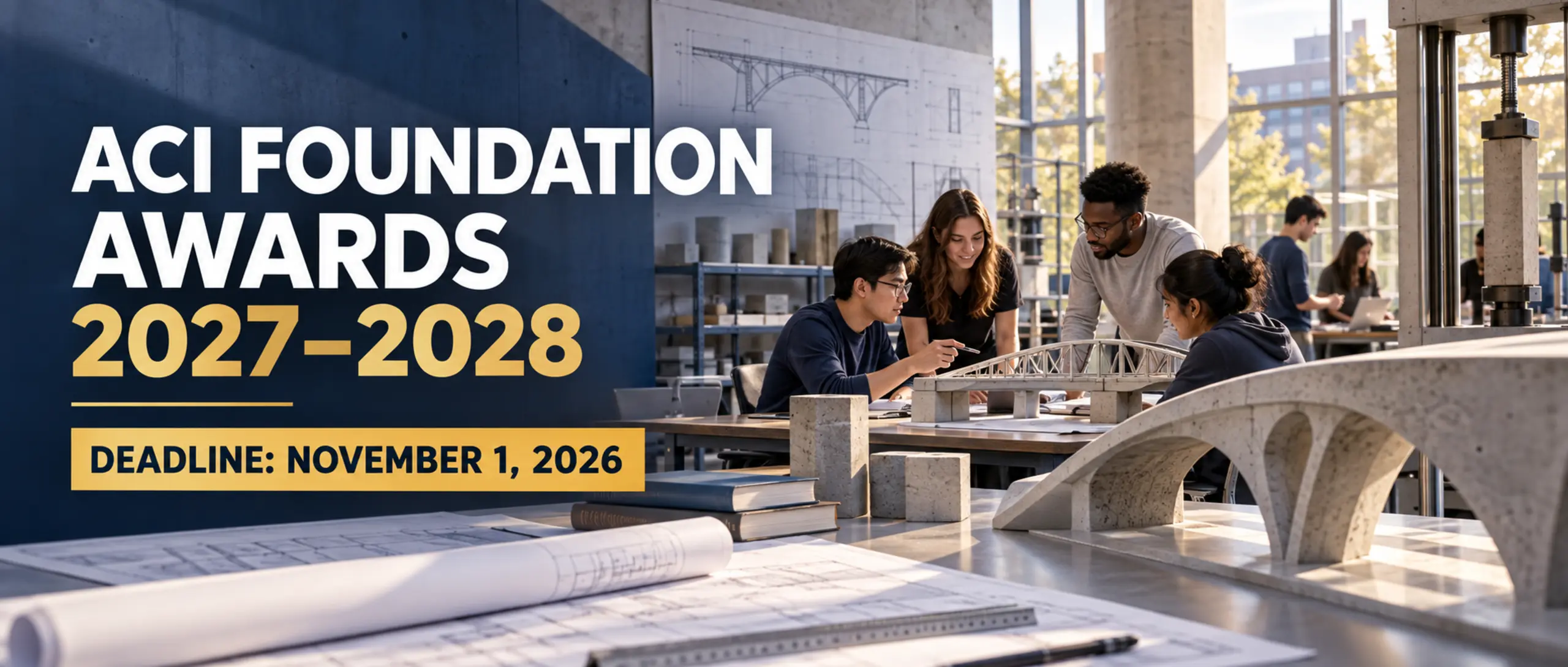 Engineering students collaborate on concrete bridge models for the ACI Foundation Awards 2027–2028, deadline 1 November 2026