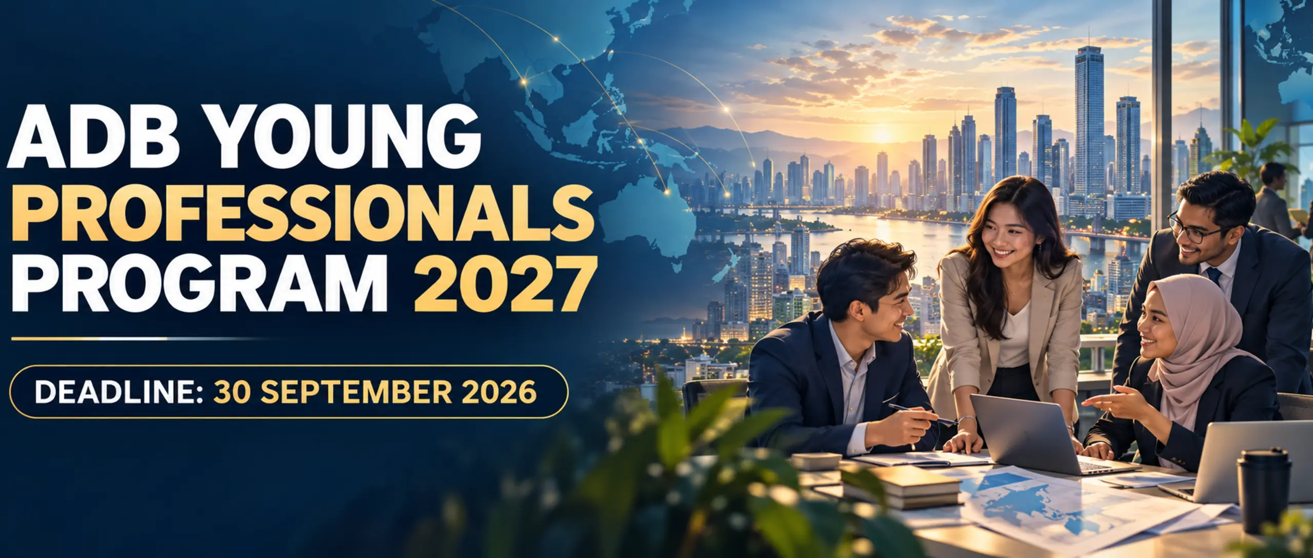 Young international development professionals overlooking Manila for the ADB Young Professionals Program 2027, deadline 30 September 2026