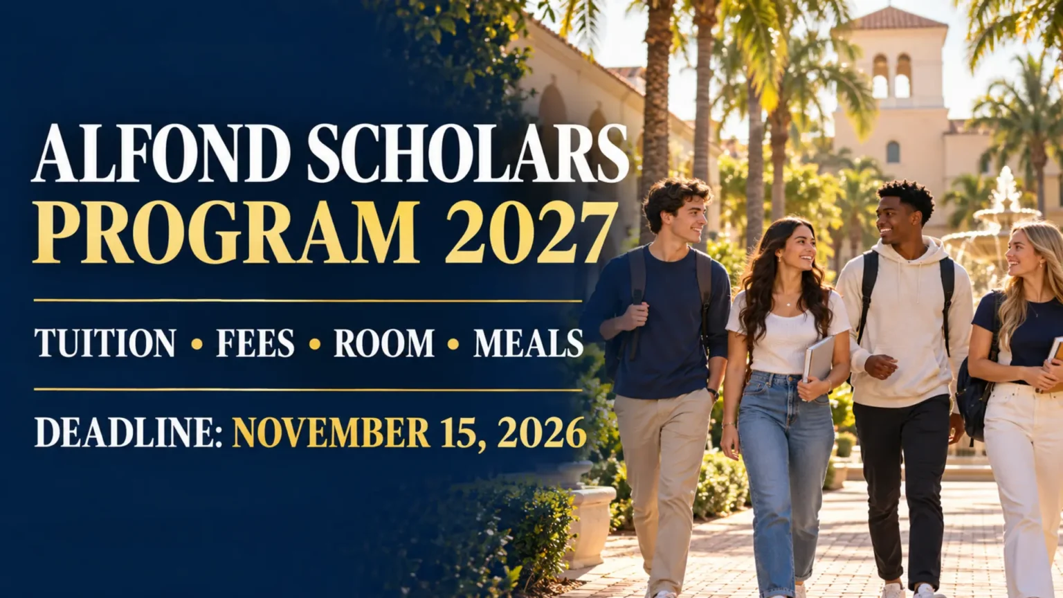 Original illustration of students with Alfond Scholars Program 2027 coverage and November 15, 2026 deadline