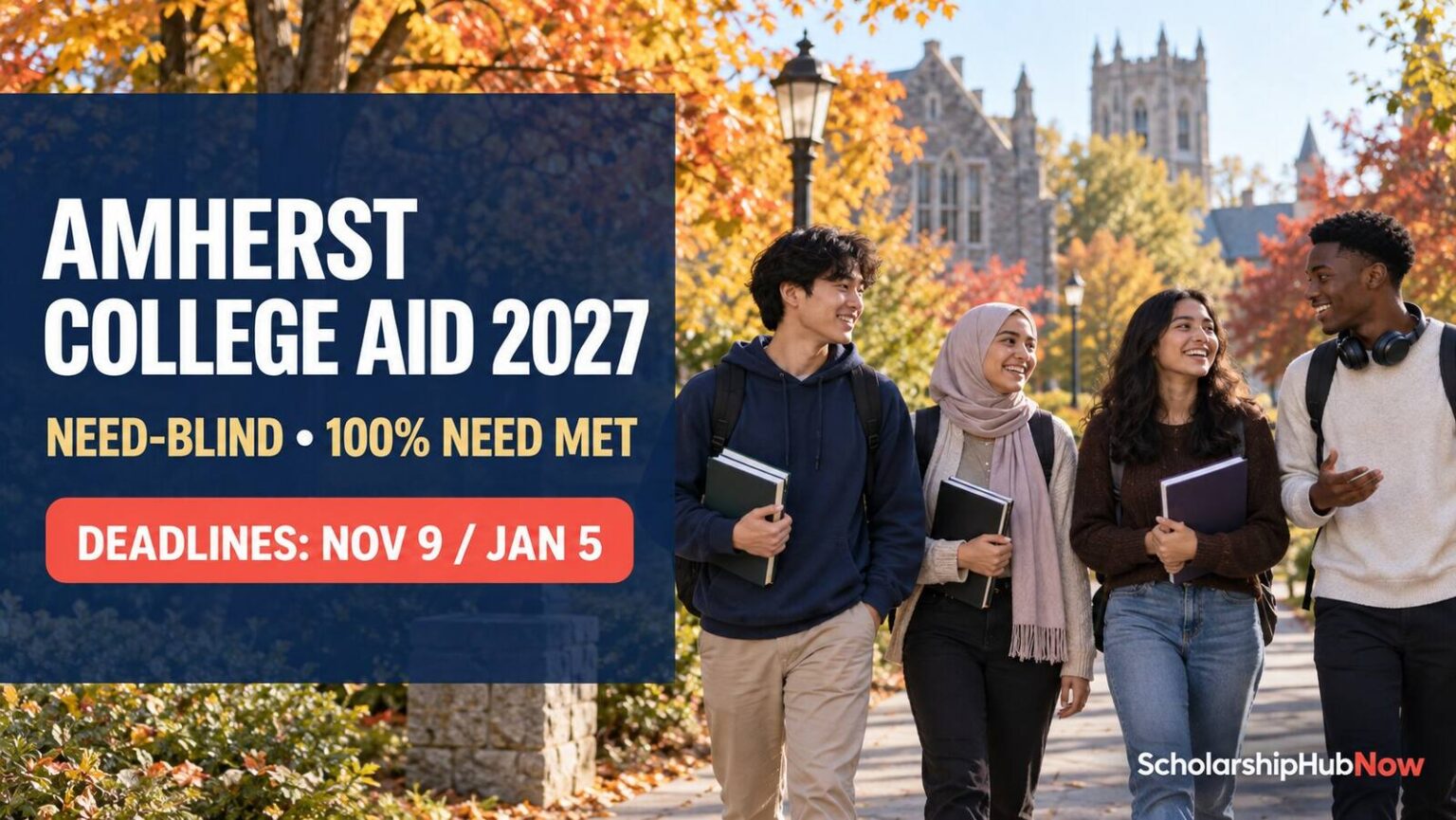 Illustrative international students on a generic autumn campus with Amherst College Aid 2027 funding and deadline text