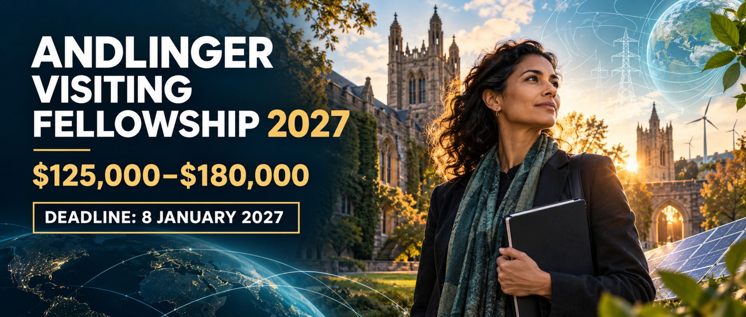 International researcher on an academic campus with clean-energy imagery for the Andlinger Visiting Fellowship 2027