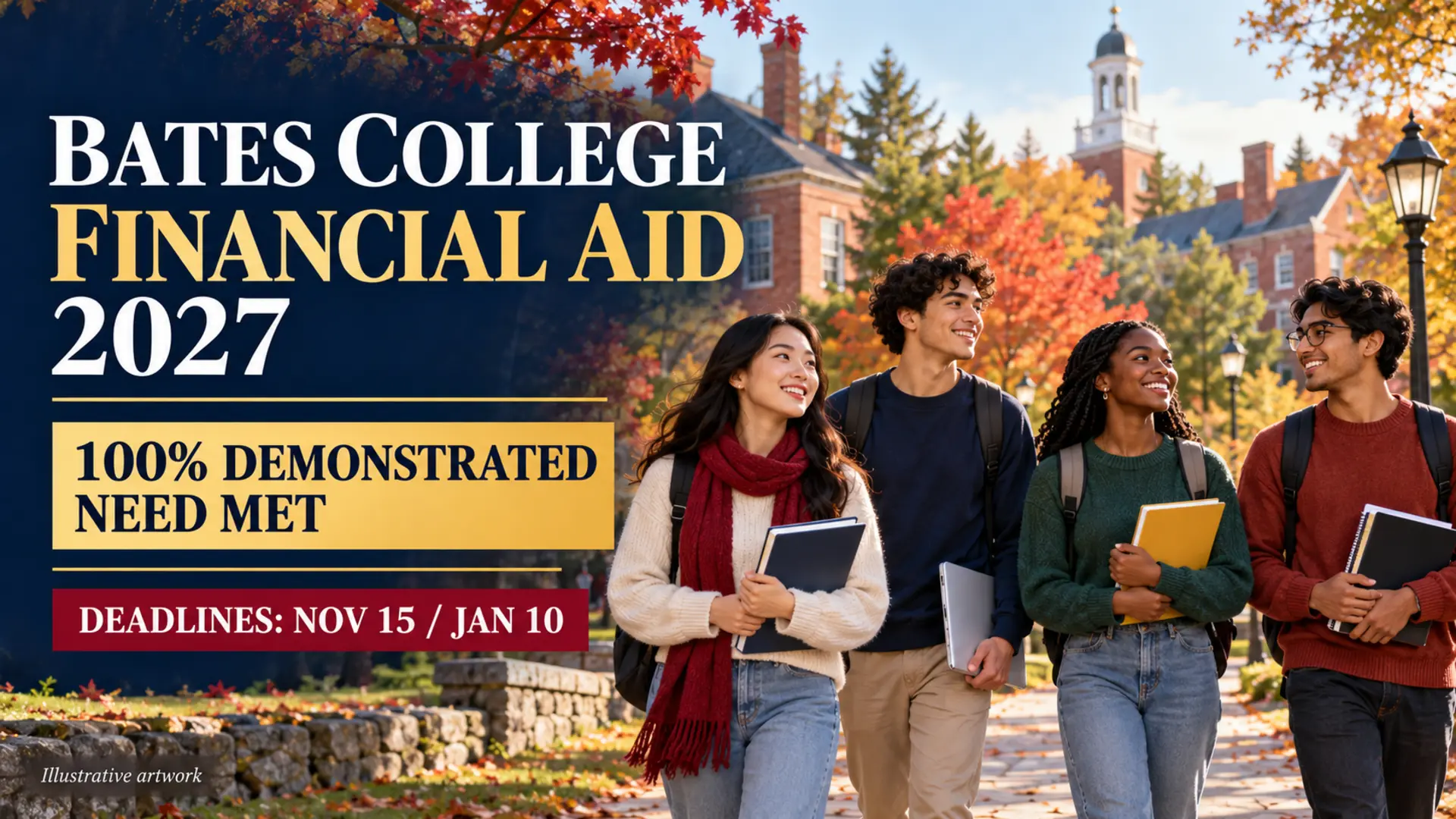 Illustrative artwork of international students for Bates College Financial Aid 2027, which meets 100% of demonstrated need.