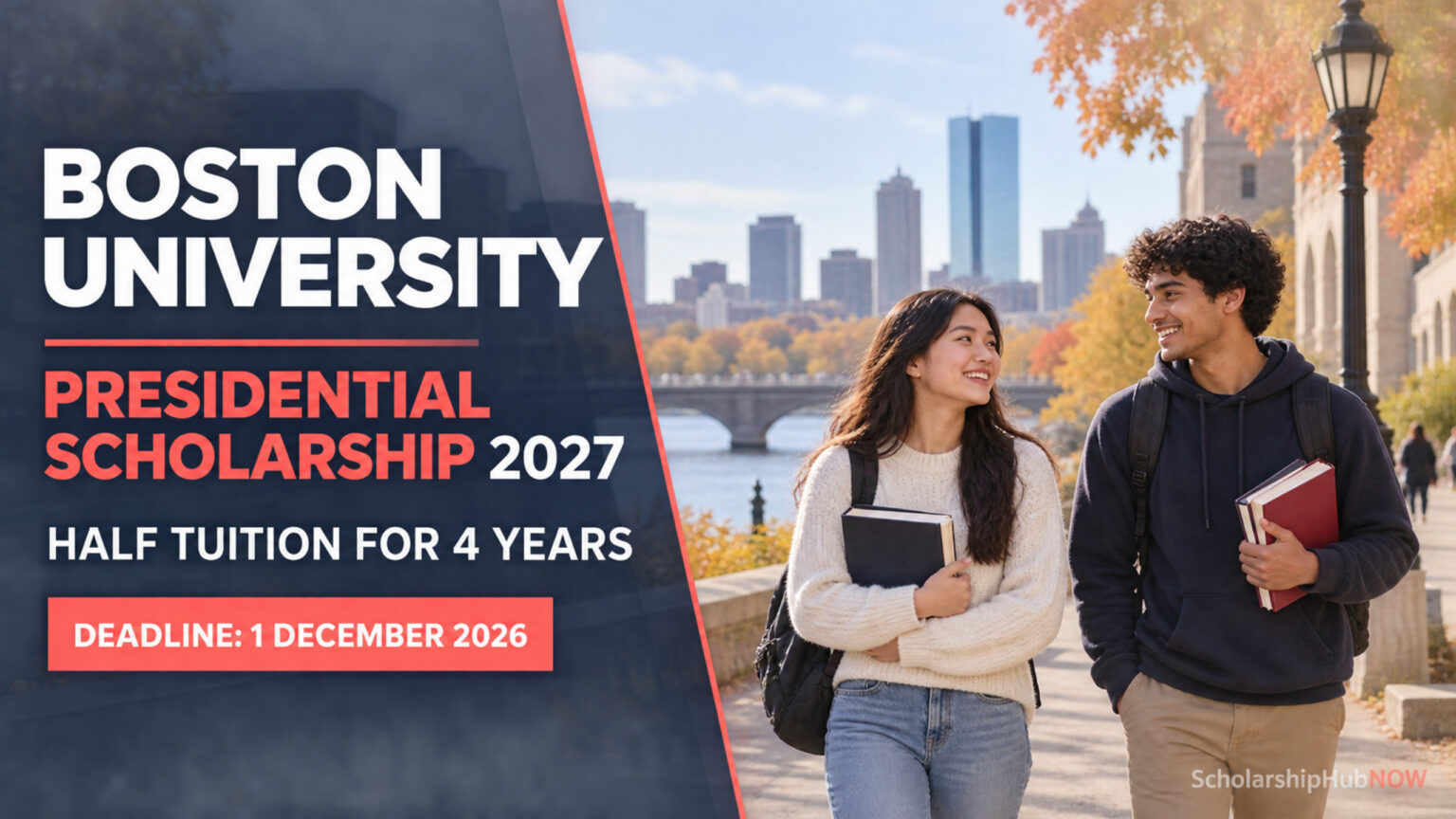 Boston University Presidential Scholarship 2027 covering half tuition for four years