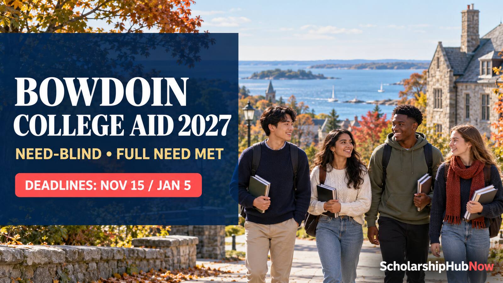 Illustrative international students on a generic coastal autumn campus with Bowdoin College Aid 2027 funding and deadline text