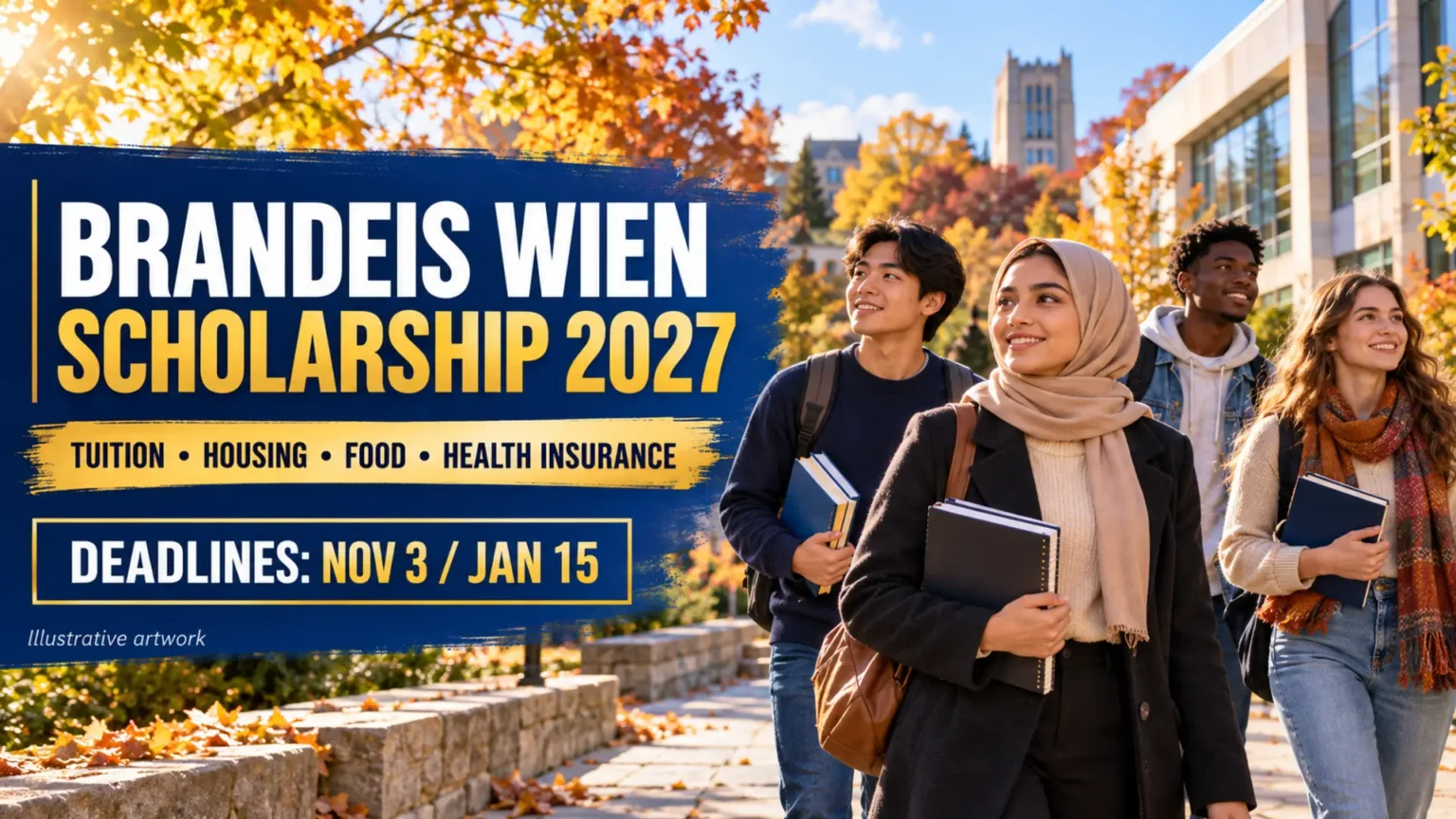 Illustrative artwork for the Brandeis Wien International Scholarship 2027, covering tuition, housing, food and health insurance.