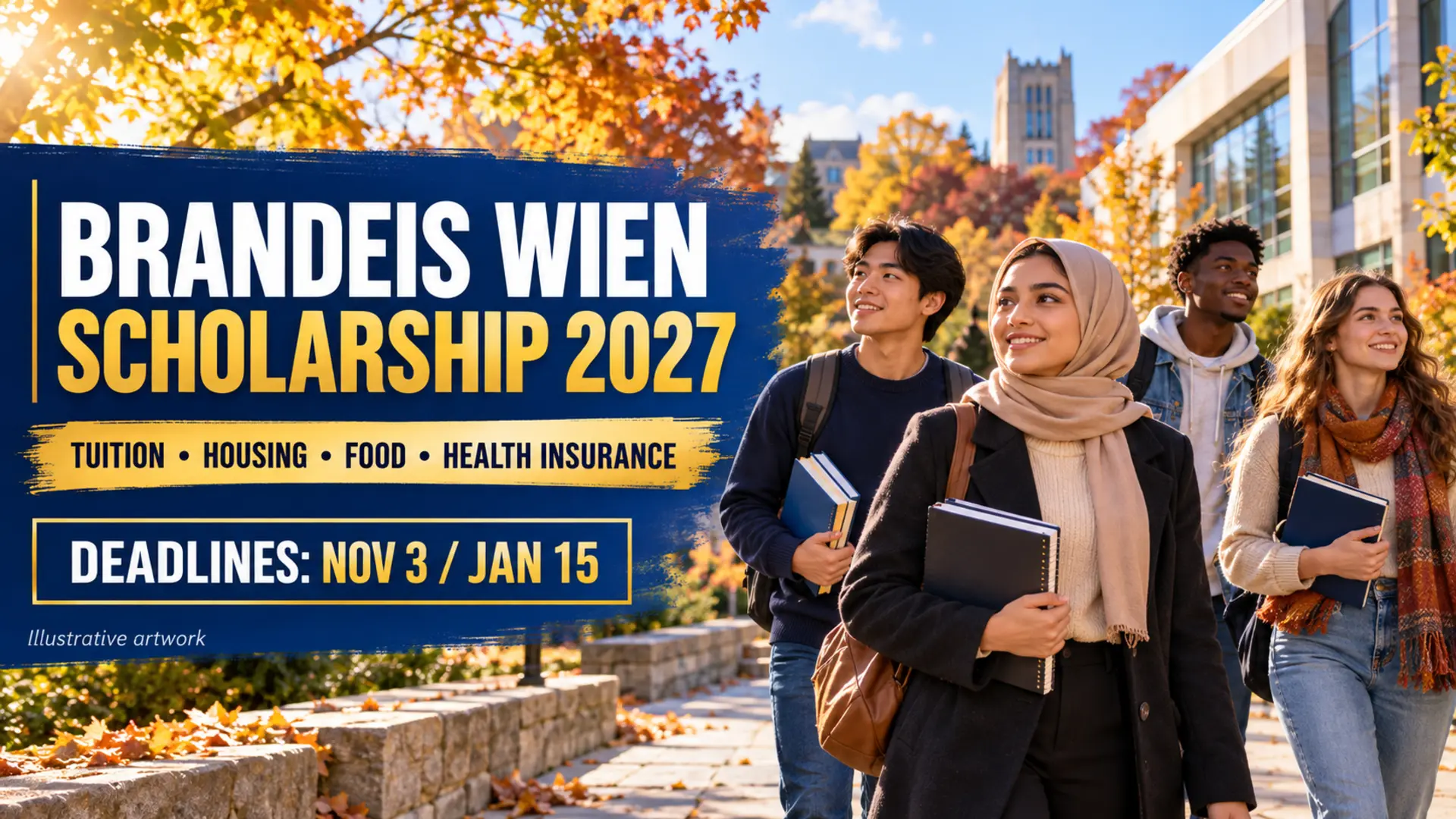 Illustrative artwork for the Brandeis Wien International Scholarship 2027, covering tuition, housing, food and health insurance.
