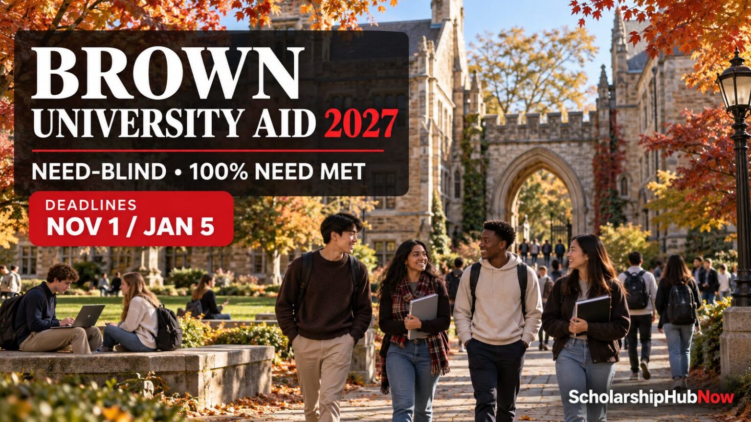 Illustrative international students at a generic university campus with Brown University Aid 2027, 100% need met and November 1 / January 5 deadlines