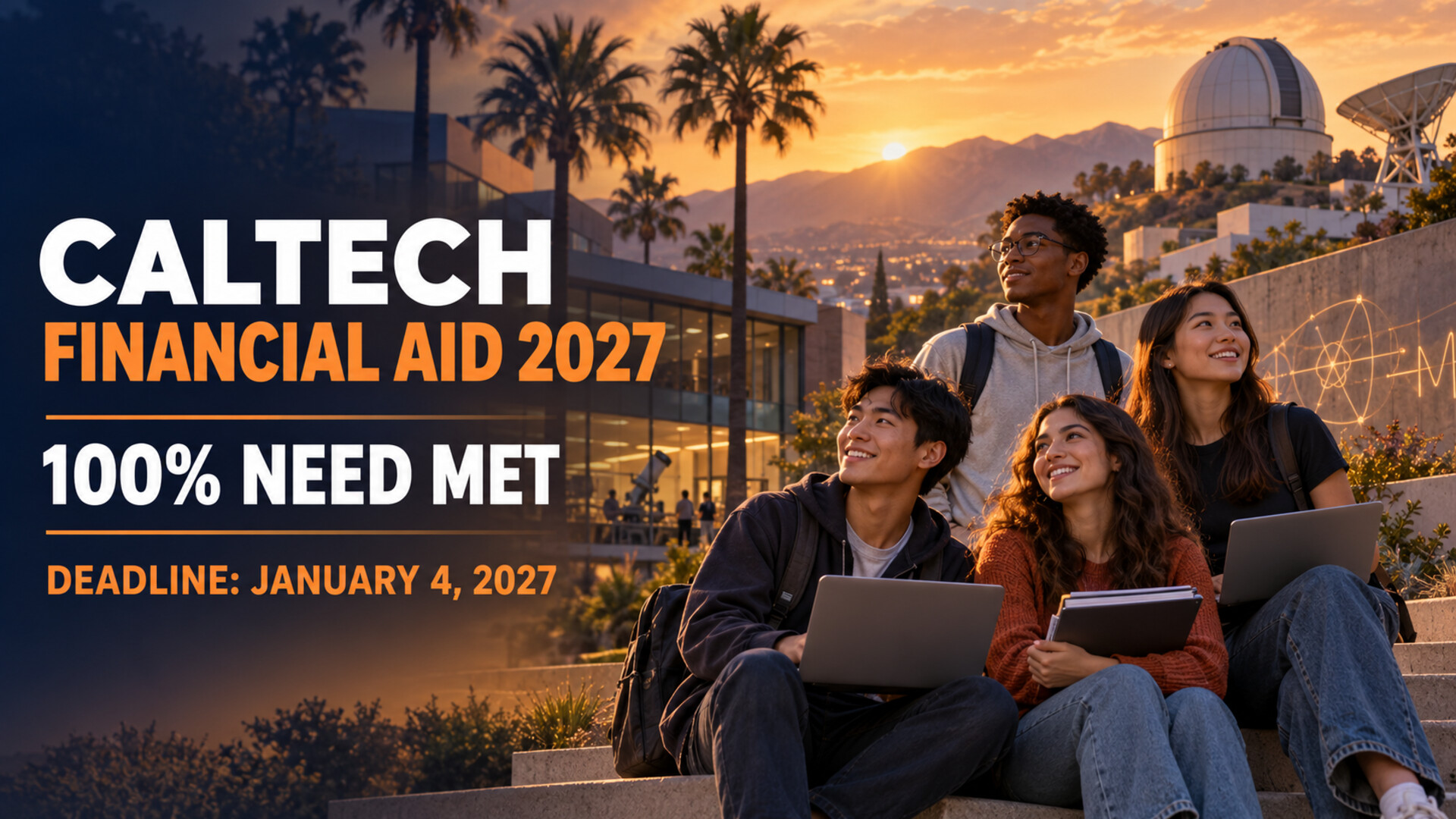 Illustrative international students with Caltech Financial Aid 2027, 100% need met and January 4 deadline text