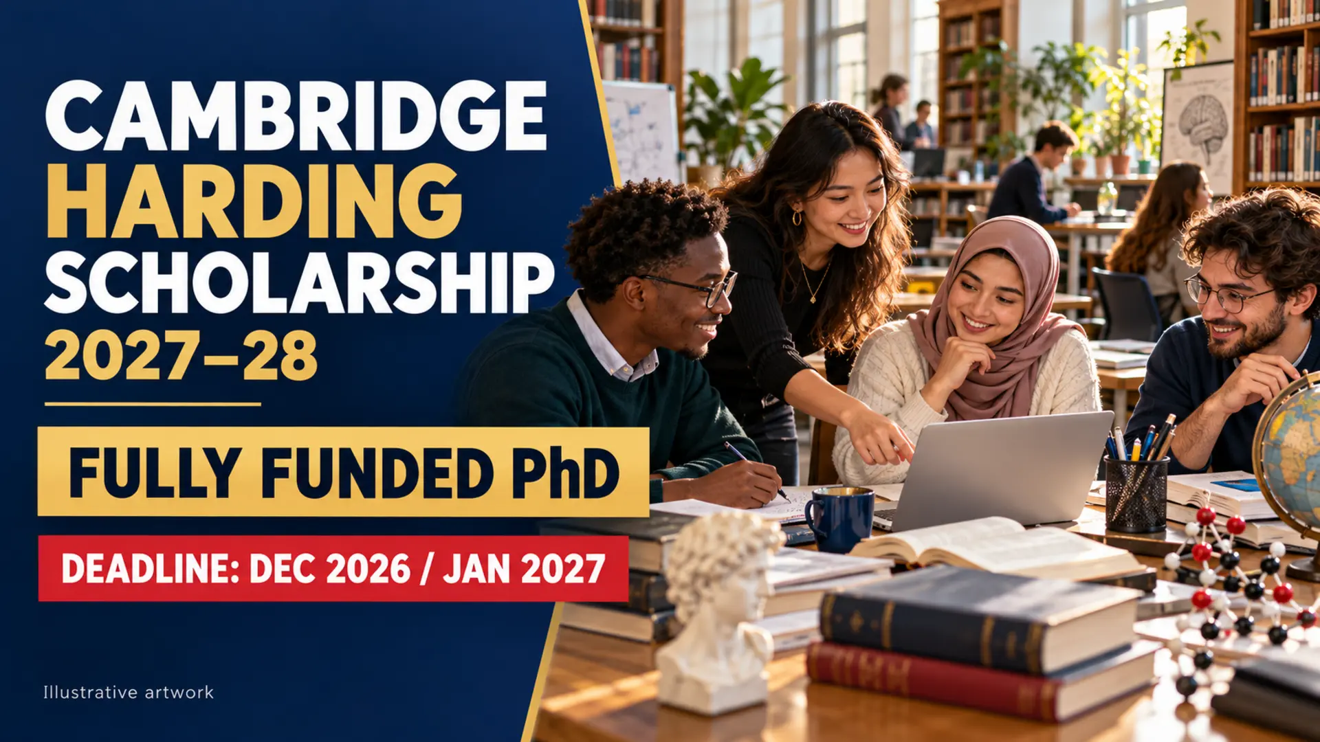 Illustrative artwork of international doctoral researchers collaborating for the Cambridge Harding Scholarship 2027–28, a fully funded PhD award.