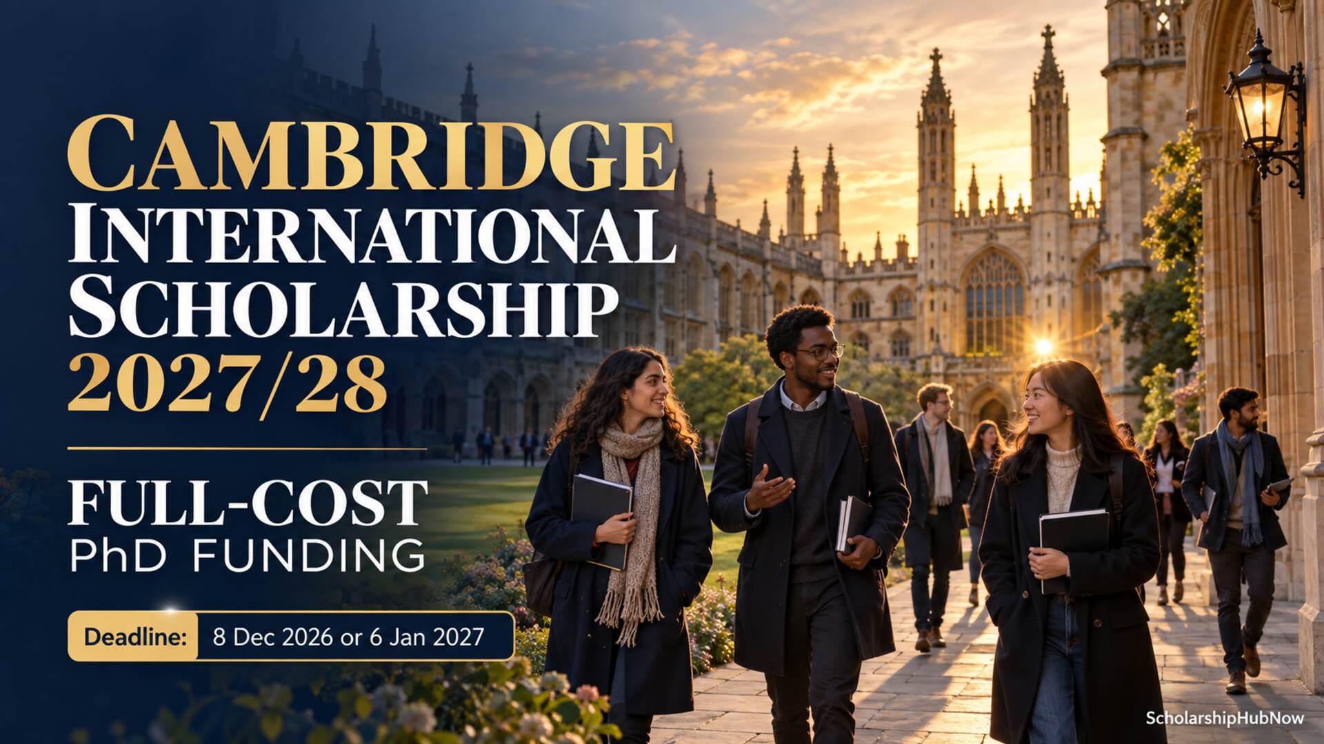 Illustration for the Cambridge International Scholarship 2027/28 showing postgraduate researchers and full-cost PhD funding deadlines