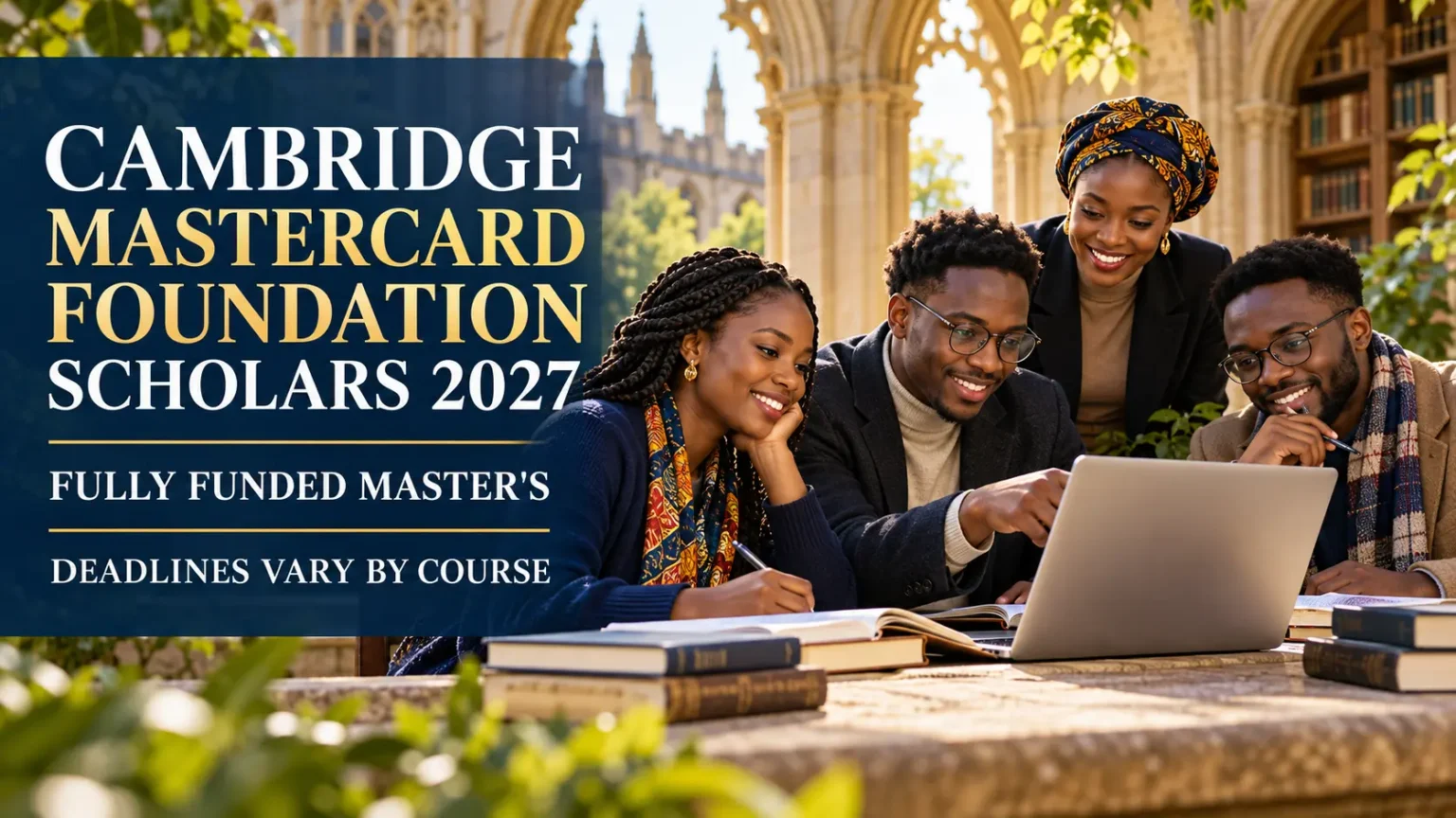 Editorial illustration of African graduate students with Cambridge Mastercard Foundation Scholars 2027 fully funded master's text