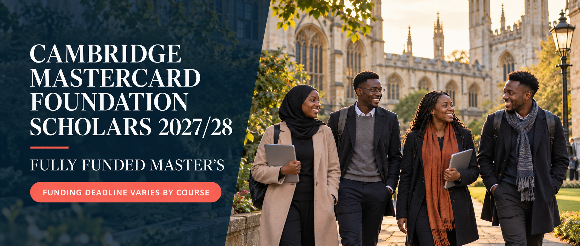 Illustrative photo-led banner with African students in a historic university courtyard and Cambridge Mastercard Foundation Scholars 2027/28 scholarship information