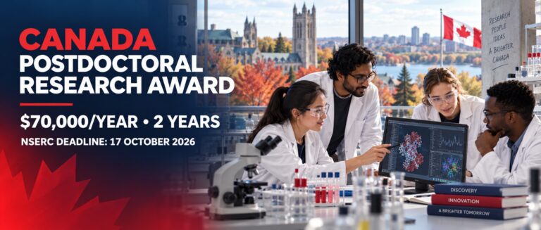 Canada Postdoctoral Research Award 2026 offering CAD 70,000 per year for two years with the NSERC deadline of 17 October 2026