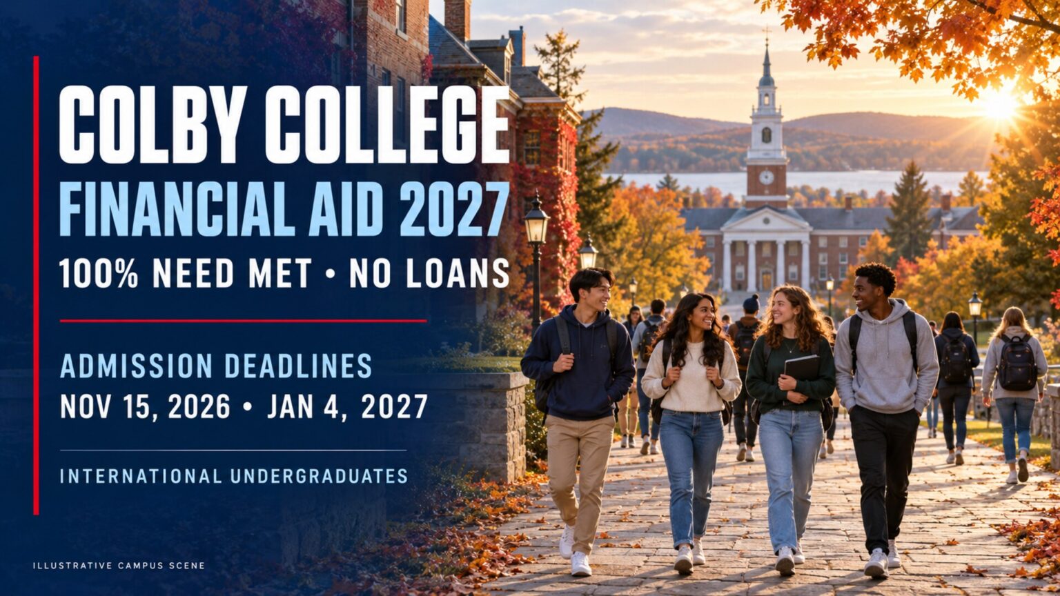 Illustrative autumn campus scene with international students and text about Colby College Financial Aid 2027 deadlines