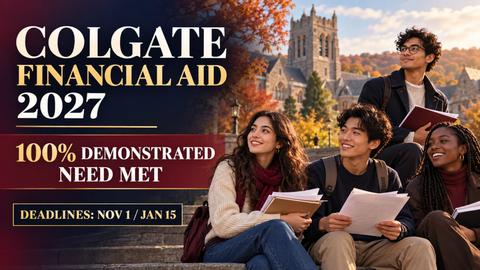 Illustrated international students with Colgate Financial Aid 2027 funding and deadline details