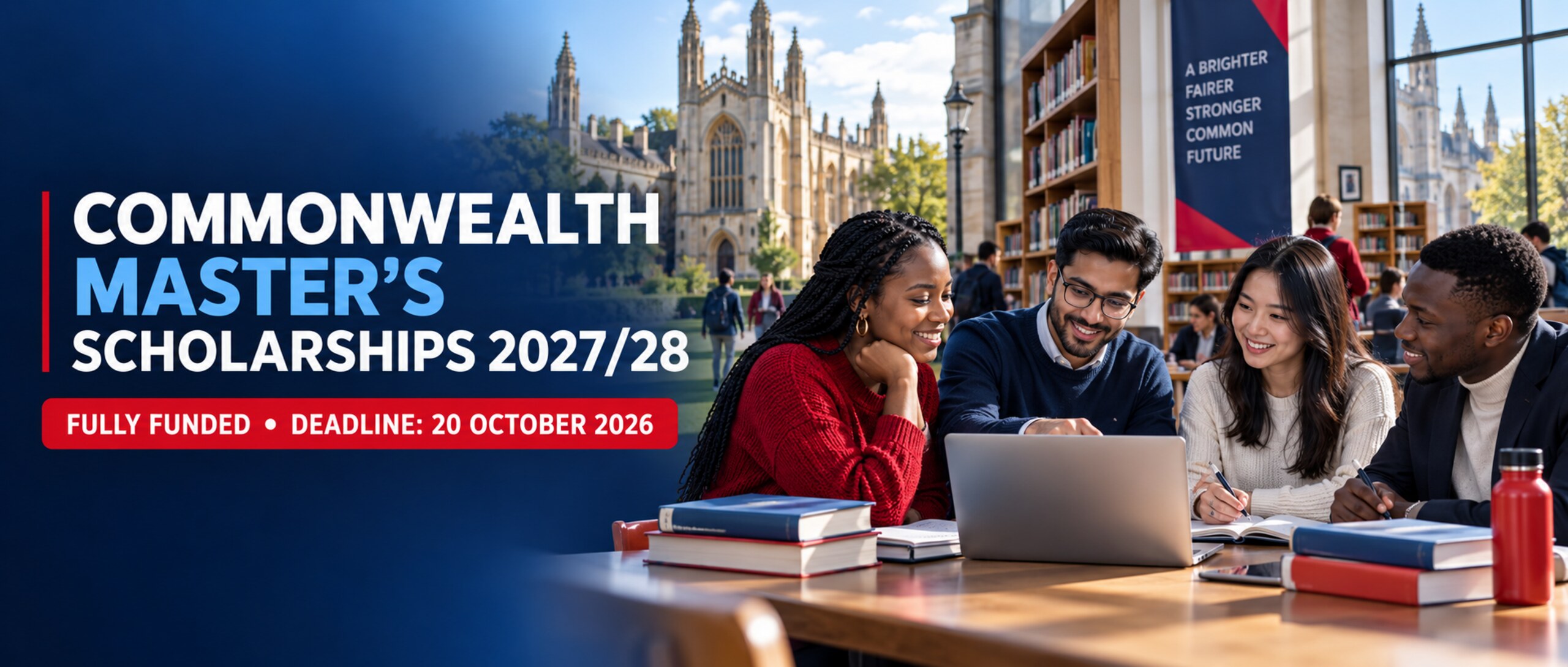 International postgraduate students in a UK university setting for the Commonwealth Master’s Scholarships 2027/28, deadline 20 October 2026