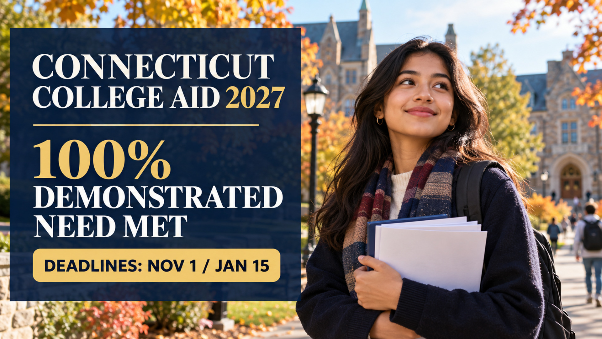 Illustrated international student with Connecticut College Aid 2027 funding and deadline information