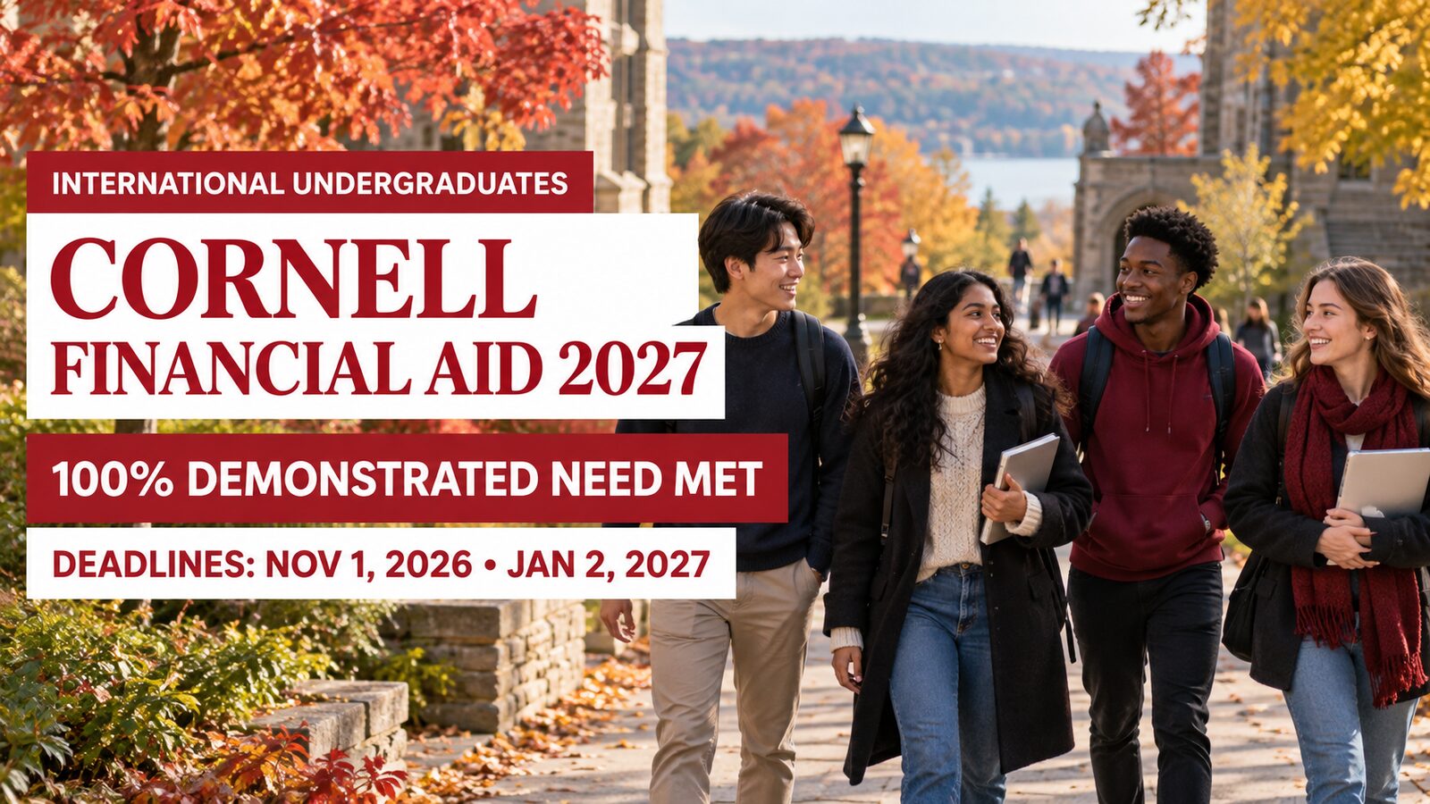 Illustrative international students on an autumn university walkway with Cornell Financial Aid 2027 deadlines and 100% demonstrated need met