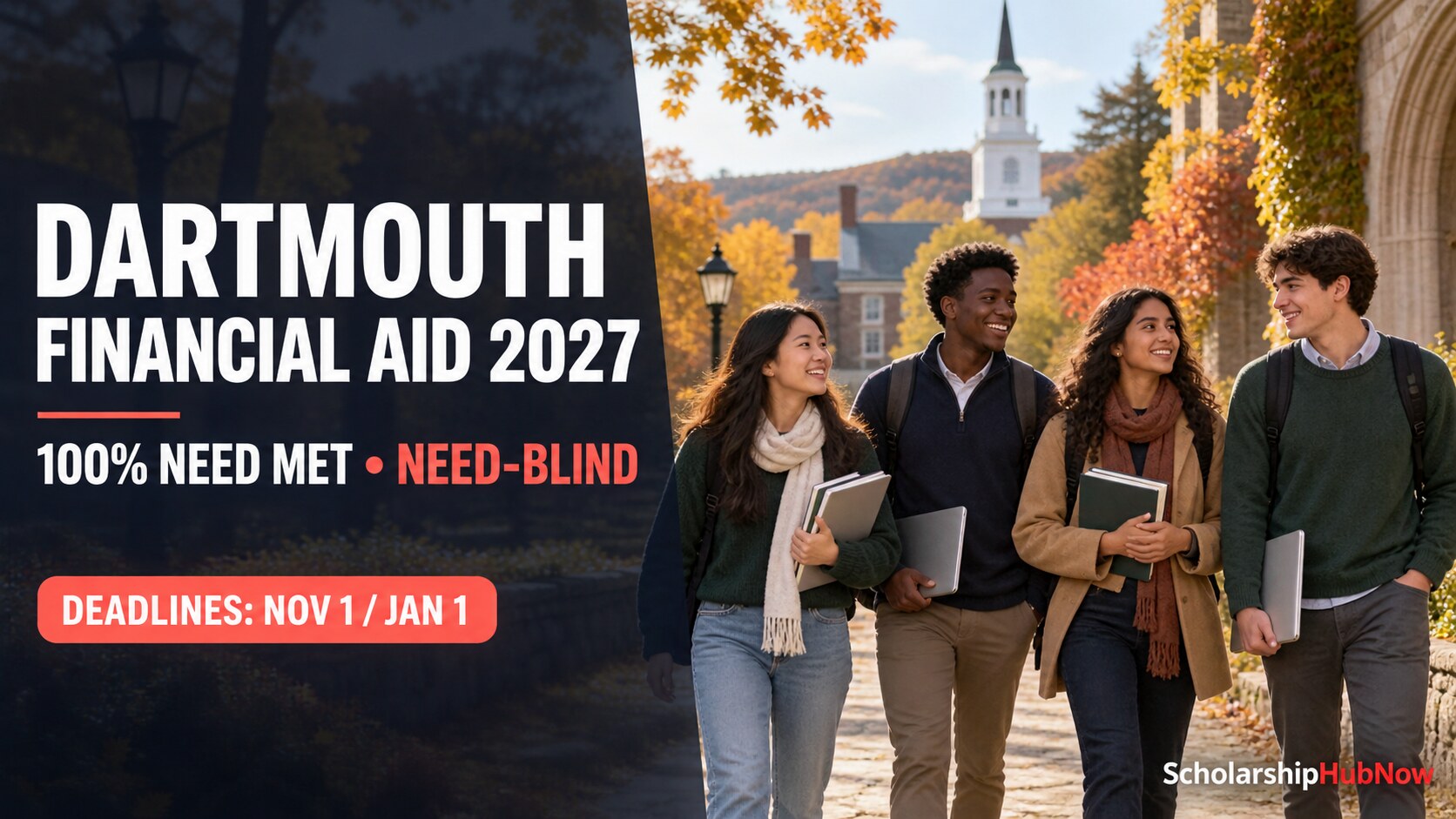 Illustrative Dartmouth Financial Aid 2027 banner for international undergraduates showing 100% demonstrated need met and November 1 and January 1 deadlines
