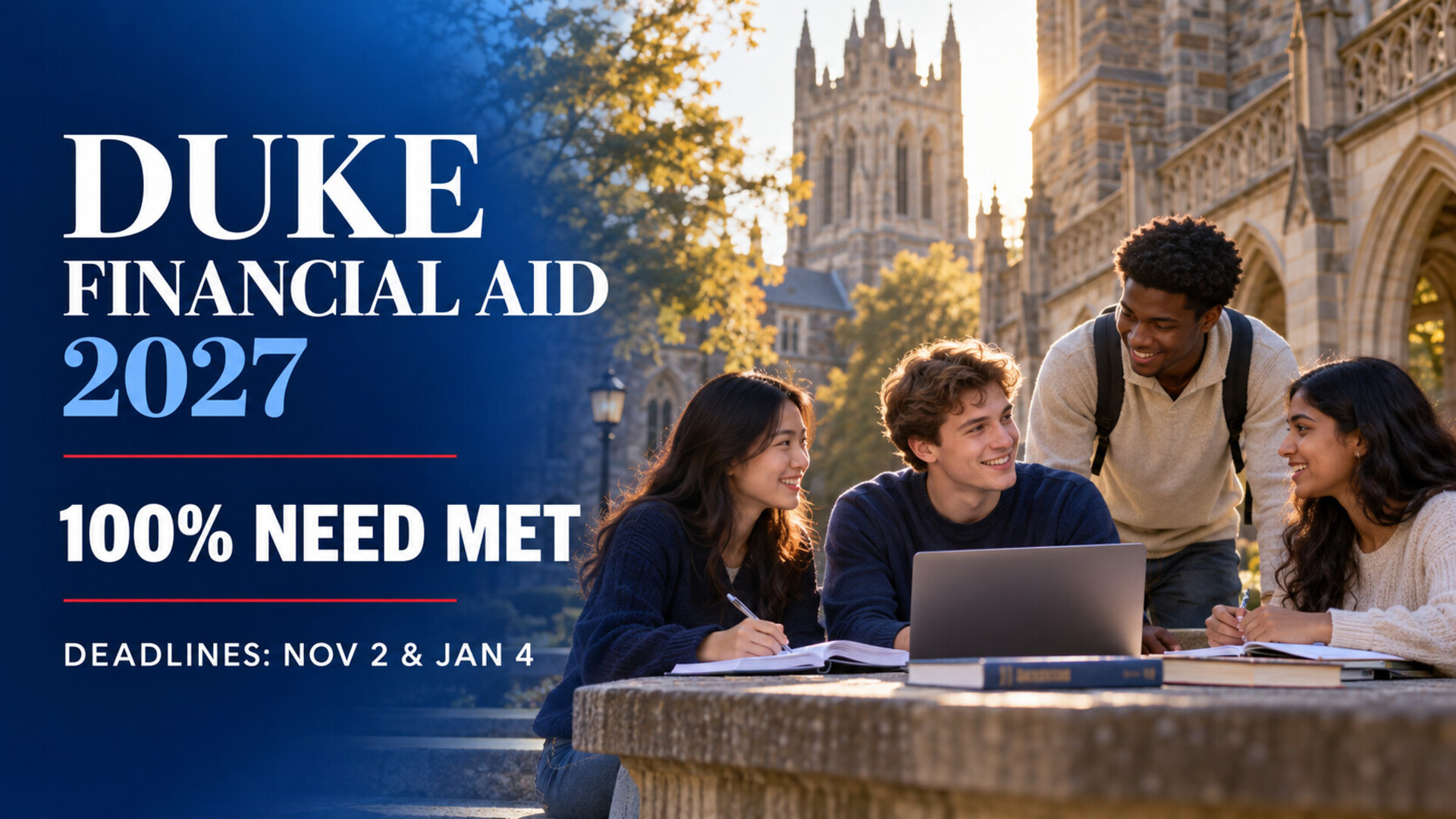 International students in an illustrative university courtyard with Duke Financial Aid 2027, 100% need met, and November 2 and January 4 deadlines