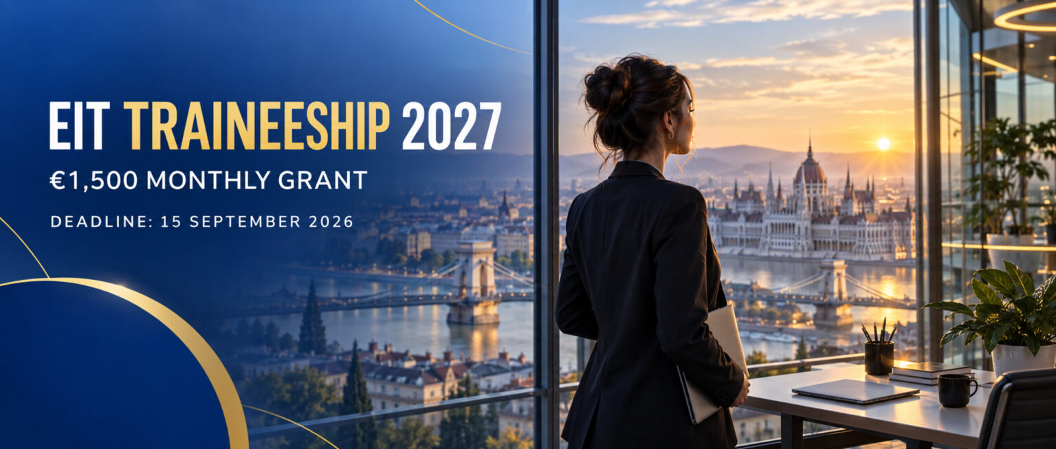 International graduate overlooking Budapest for the EIT Traineeship 2027, offering a €1,500 monthly grant and a 15 September 2026 deadline