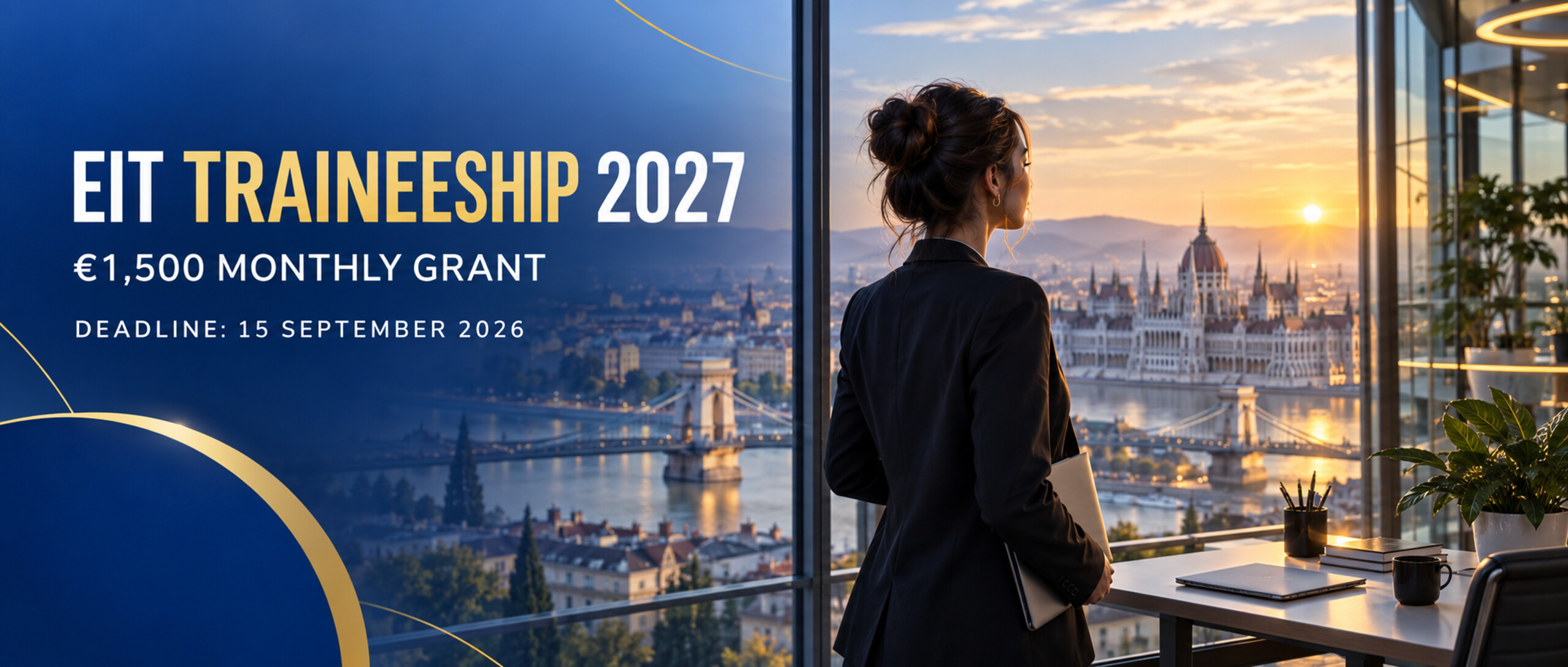 International graduate overlooking Budapest for the EIT Traineeship 2027, offering a €1,500 monthly grant and a 15 September 2026 deadline