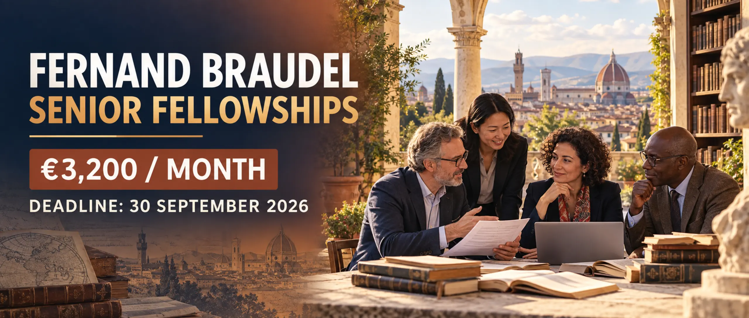 International senior researchers in Florence for the Fernand Braudel Senior Fellowships 2027–2028, showing €3,200 monthly funding and the 30 September 2026 deadline