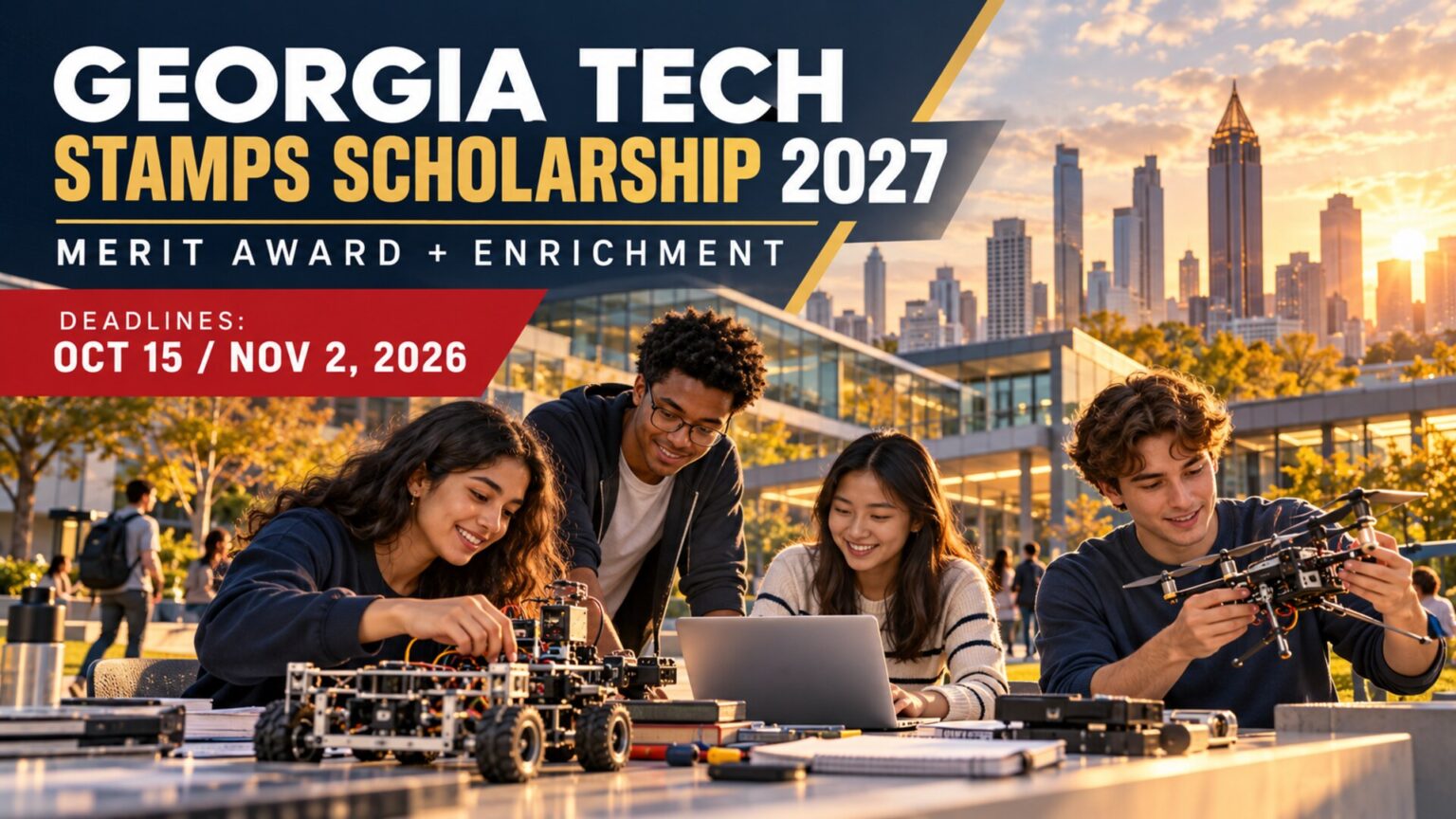 Illustrative Georgia Tech Stamps Scholarship 2027 artwork showing students working on engineering projects, with October 15 and November 2, 2026 deadlines