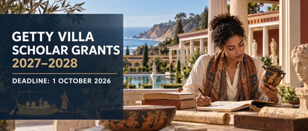 International scholar researching ancient Mediterranean art at the Getty Villa for the 2027–2028 Scholar Grants, deadline 1 October 2026