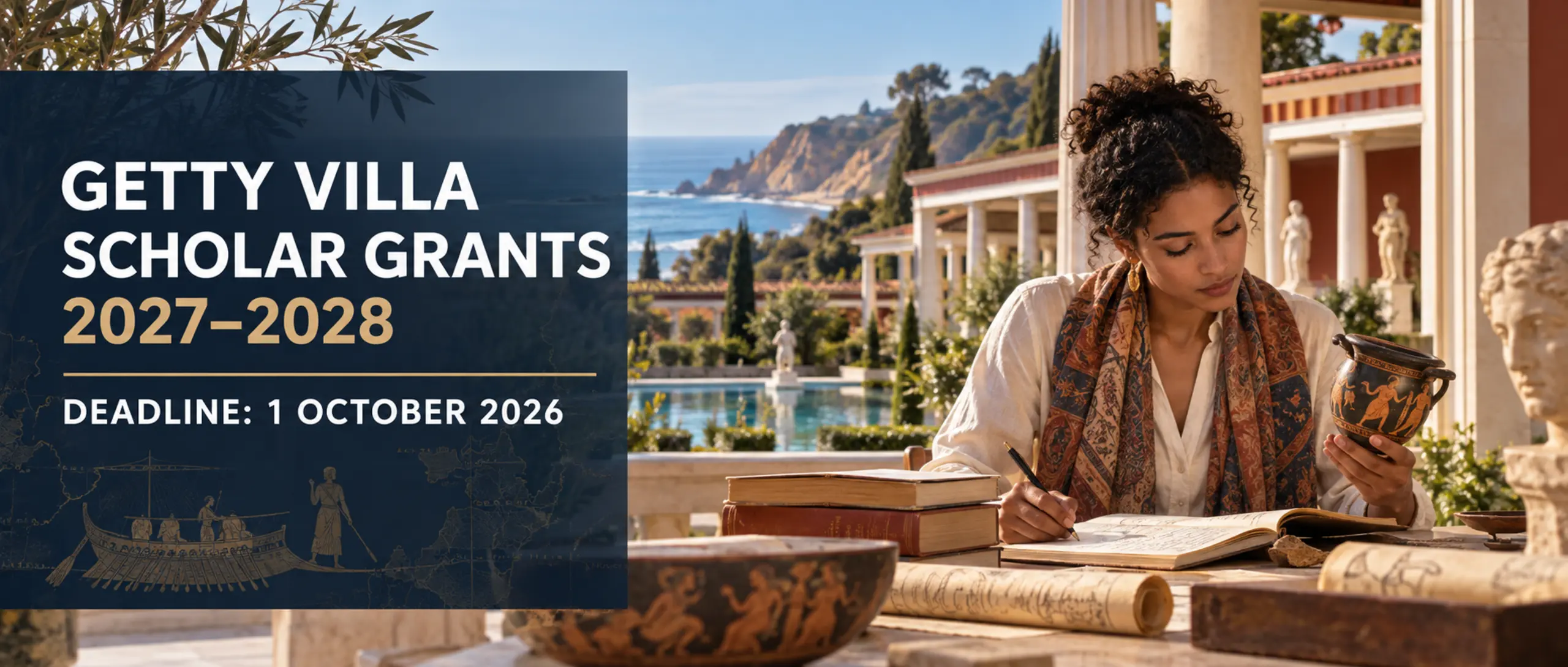 International scholar researching ancient Mediterranean art at the Getty Villa for the 2027–2028 Scholar Grants, deadline 1 October 2026