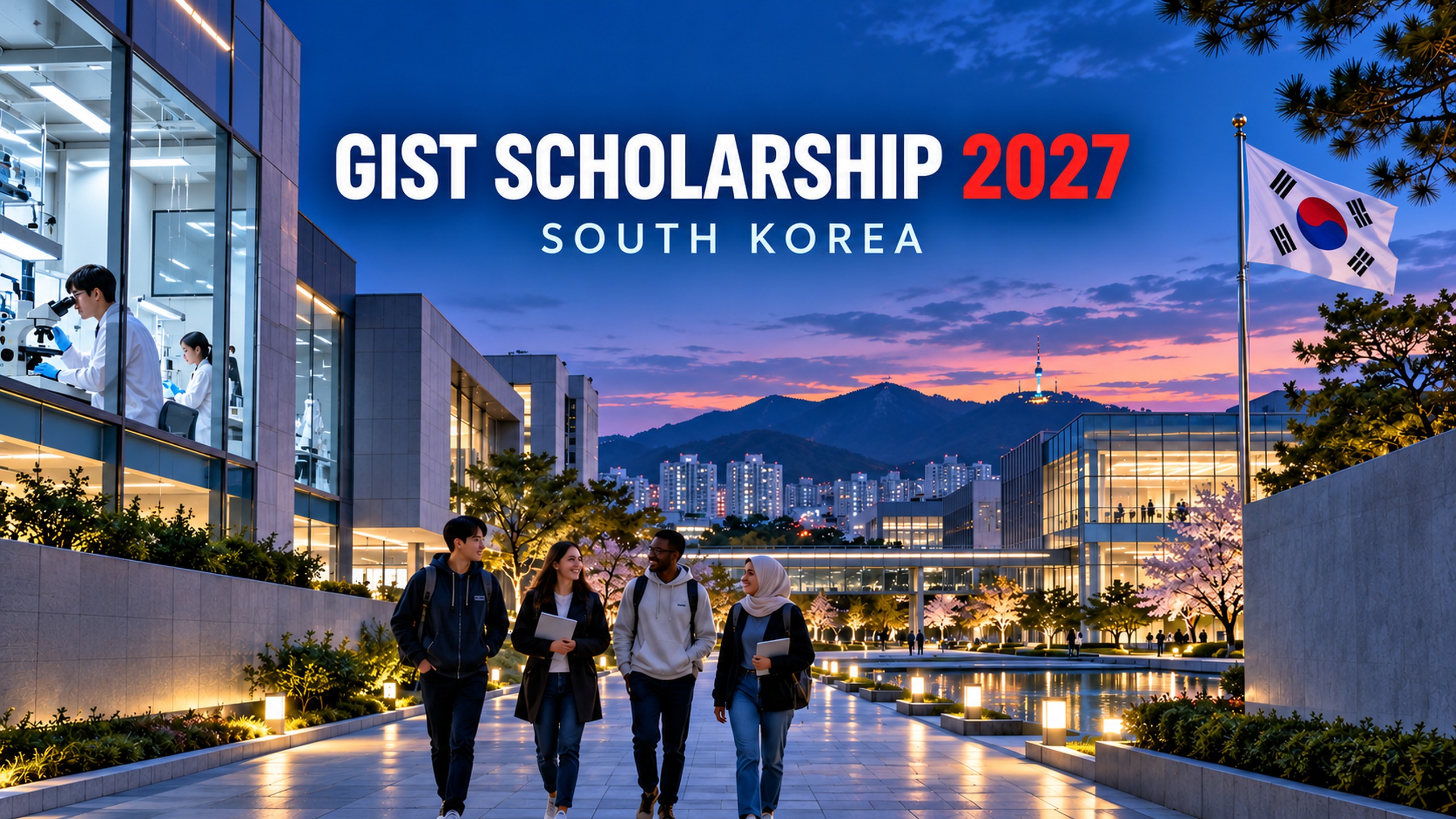 International graduate students at a modern Korean science campus for the GIST Scholarship 2027 in South Korea