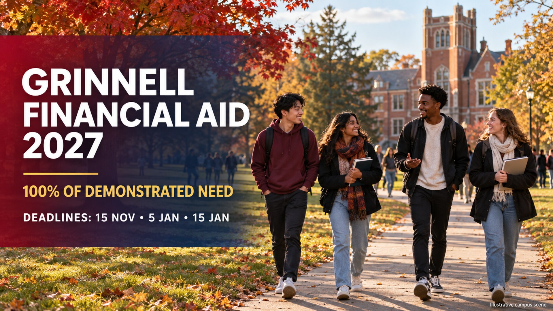 International students crossing an illustrative autumn college campus with Grinnell Financial Aid 2027, 100% of demonstrated need, and application deadlines