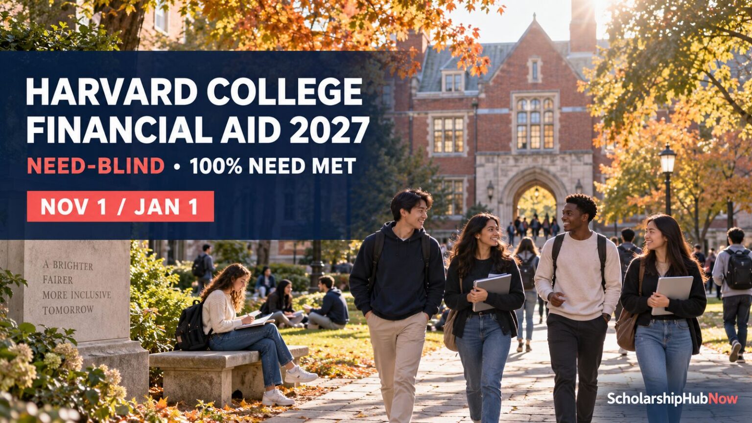 Illustrative international students on a generic university campus with Harvard College Financial Aid 2027 deadlines