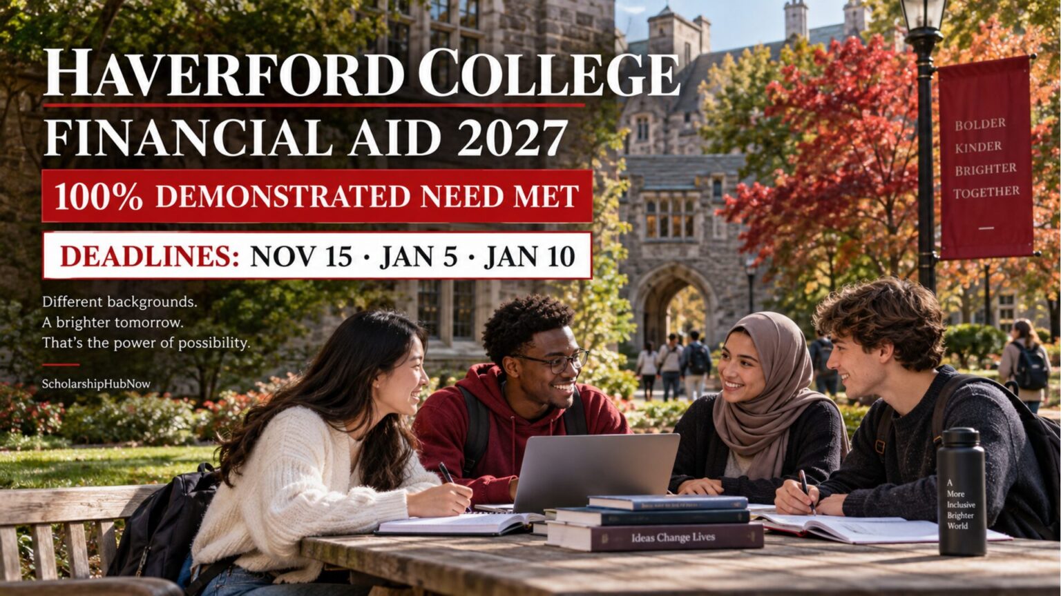 Illustrative international students studying together; Haverford Financial Aid 2027 deadlines and 100% demonstrated need headline