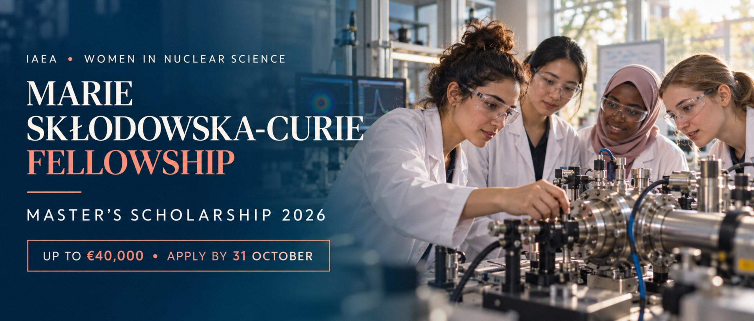 Illustrative women scientists in a university laboratory with IAEA fellowship 2026 funding and deadline