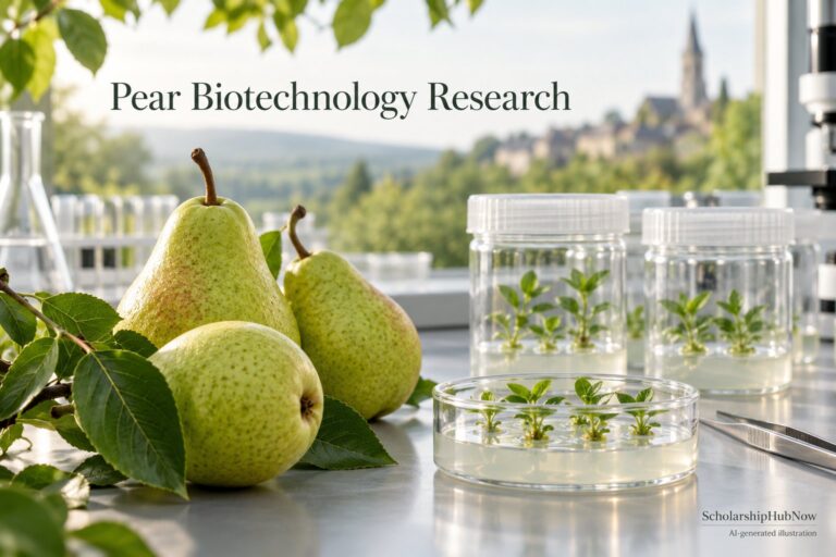 AI-generated illustration of pears and plant tissue cultures; not an INRAE facility photograph.