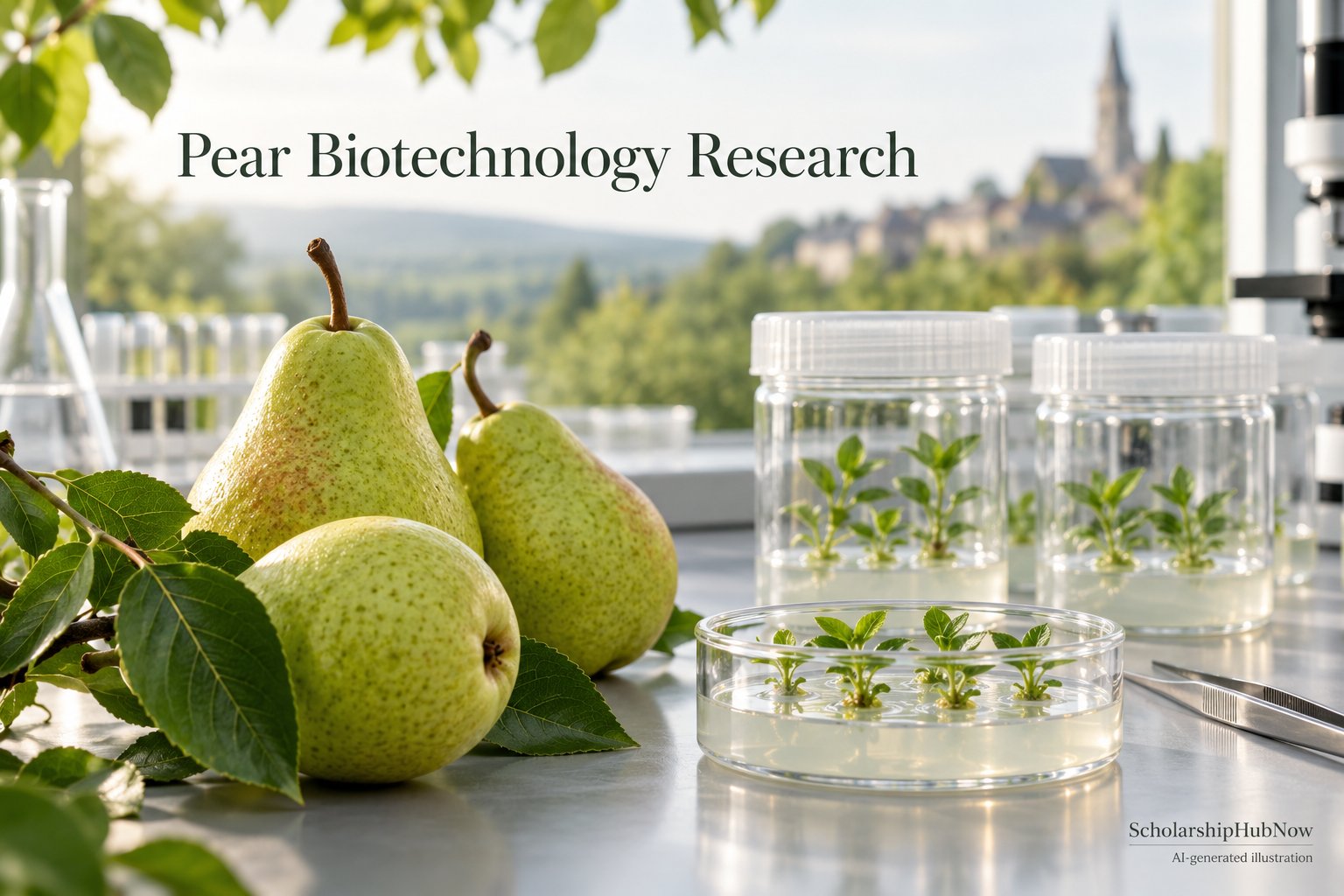 AI-generated illustration of pears and plant tissue cultures; not an INRAE facility photograph.