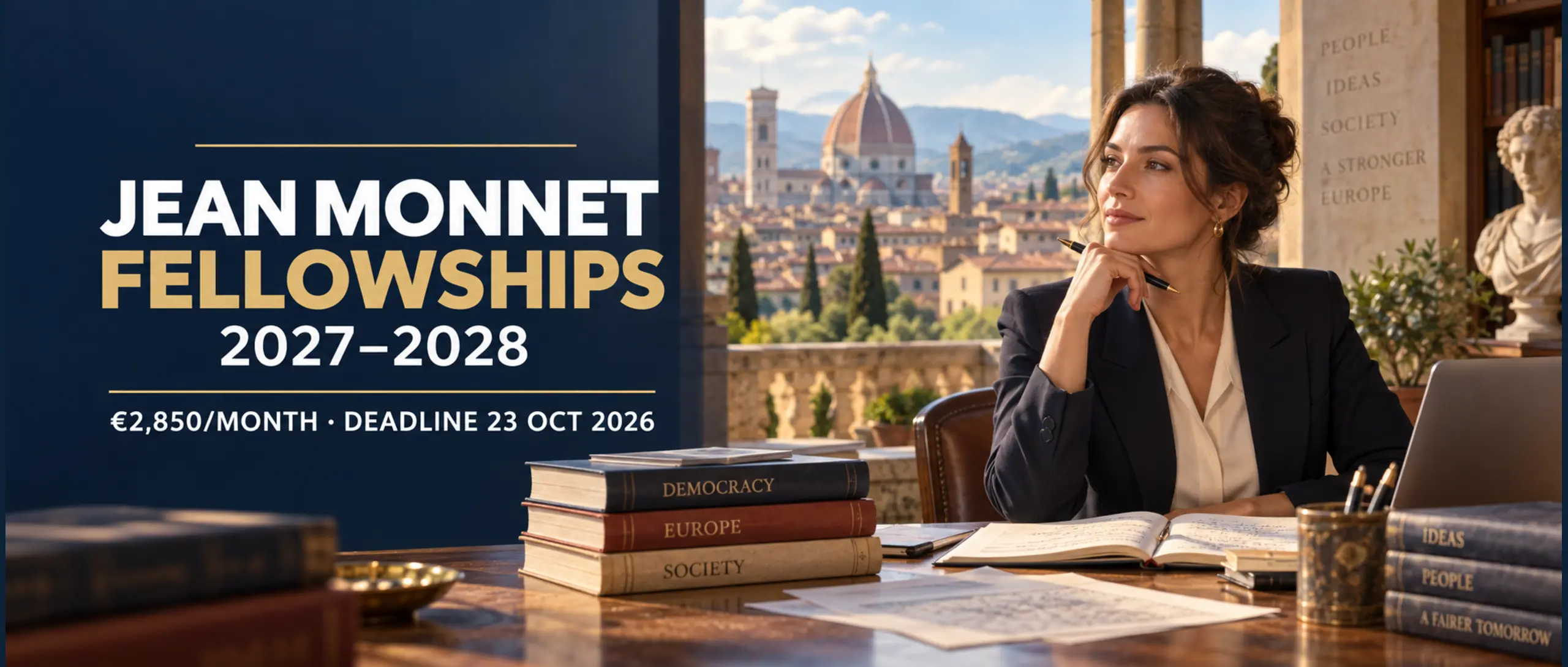 International scholar in Florence for the EUI Jean Monnet Fellowships 2027–2028, showing €2,850 monthly funding and the 23 October 2026 deadline