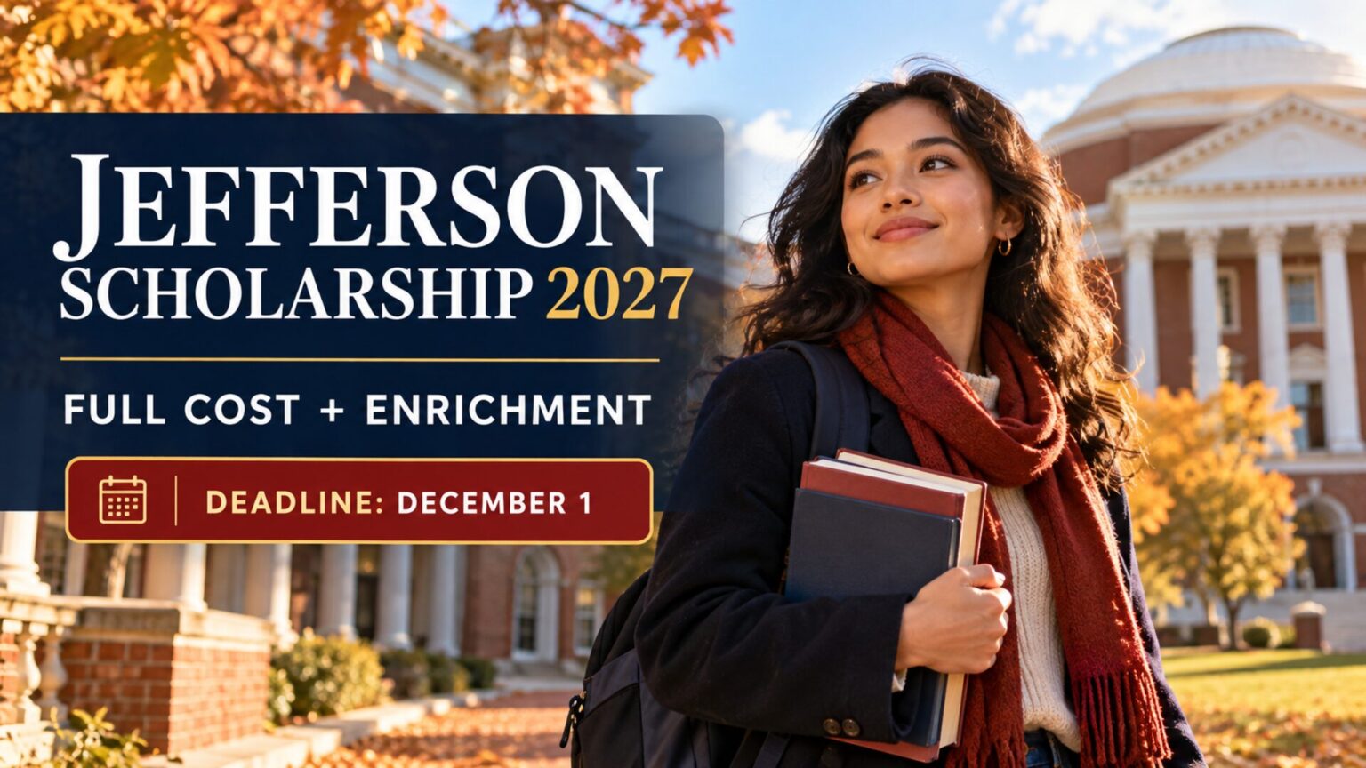 International student holding books beside an illustrative historic university building for the fully funded Jefferson Scholarship 2027