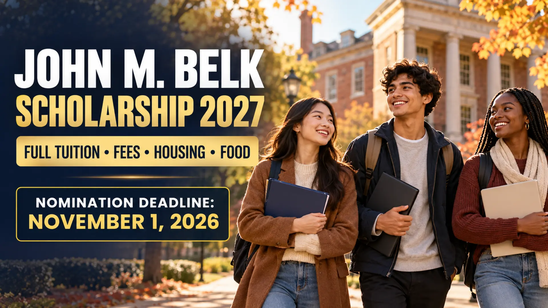 Illustrated international students with John M. Belk Scholarship 2027 funding and November 1, 2026 nomination deadline
