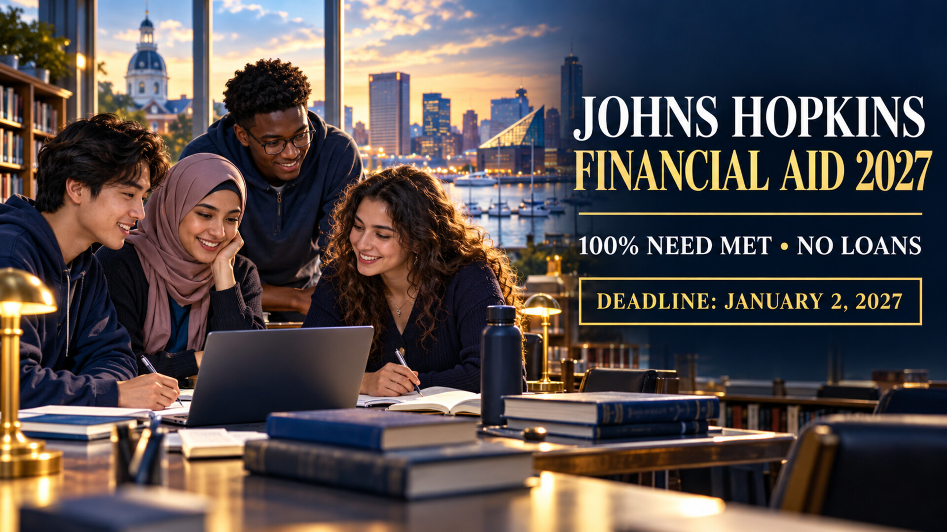 Illustrative international students with Johns Hopkins Financial Aid 2027, 100% need met and January 2 deadline text