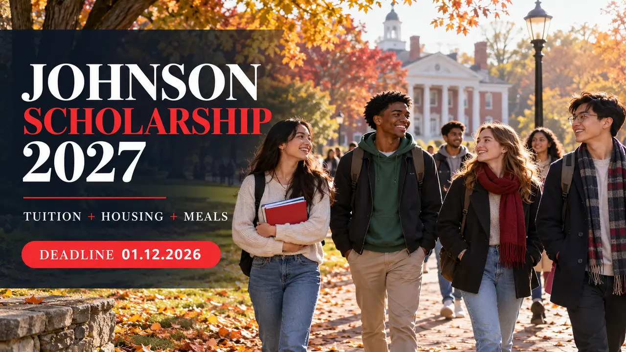 Illustrated students with Johnson Scholarship 2027 headline, tuition, housing and meals, and December 1 2026 deadline