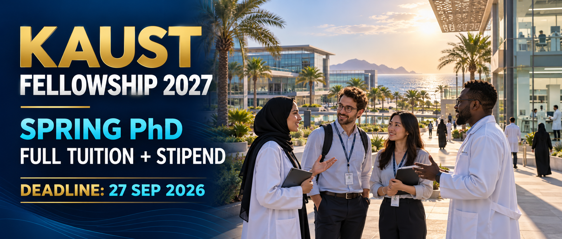 Illustrative Saudi science campus and international researchers with KAUST Fellowship Spring 2027 PhD deadline 27 September 2026