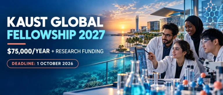 Editorial illustration for the KAUST Global Fellowship 2027 showing international early-career researchers at a Red Sea science campus, with the $75,000 annual stipend and 1 October 2026 deadline