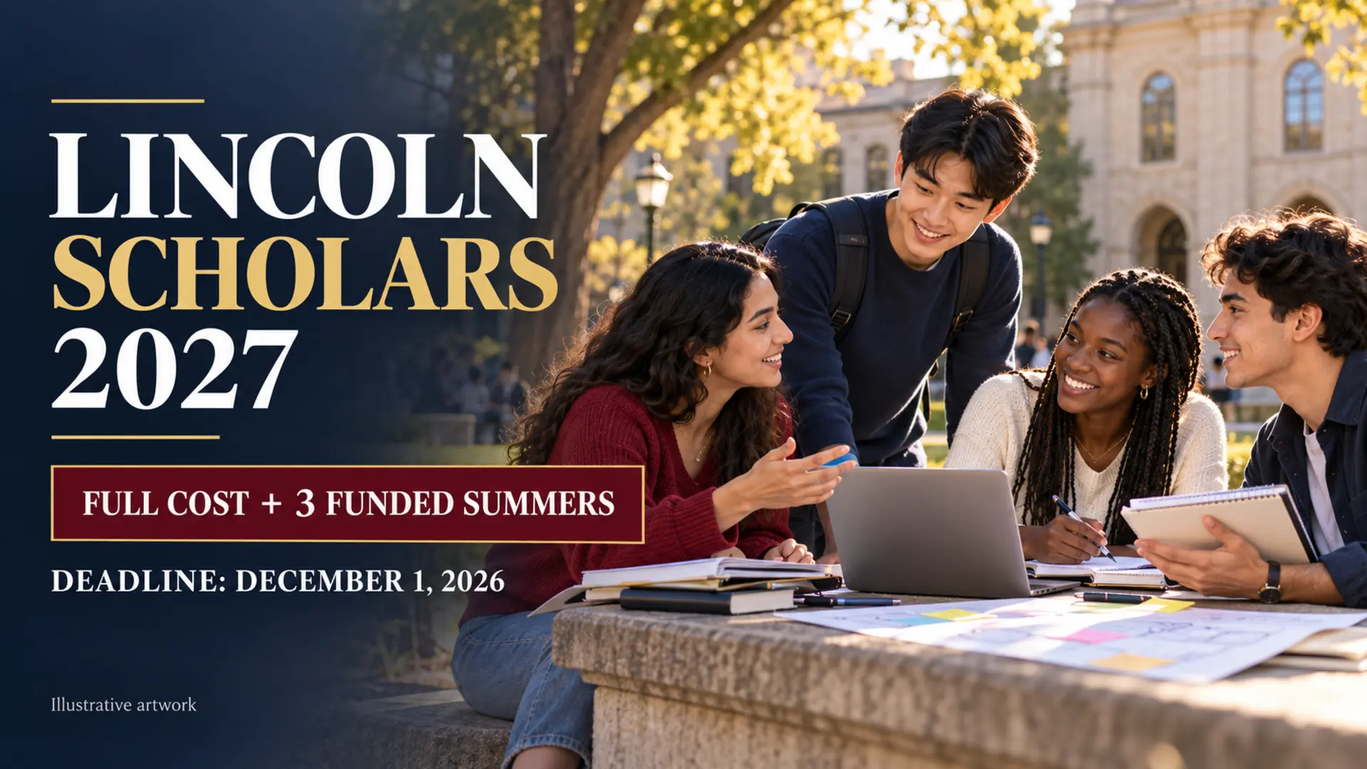 Illustrative international students collaborating with text for Lincoln Scholars 2027, full cost plus three funded summers, deadline December 1, 2026