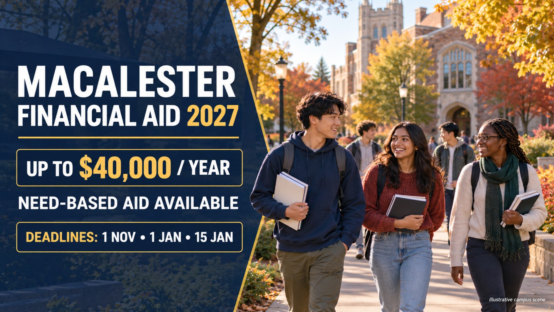 Illustrative college scene for Macalester Financial Aid 2027, showing up to $40,000 per year and November and January deadlines
