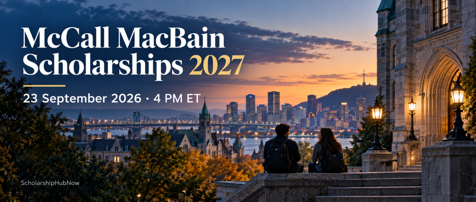 ScholarshipHubNow editorial illustration of Montréal and McCall MacBain Scholarships 2027, Canada/US route deadline 23 September 2026 at 4 p.m. Eastern Time