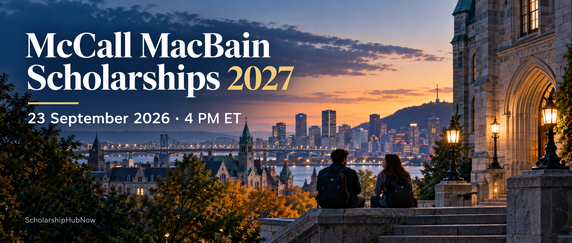 McCall MacBain Scholarships 2027 editorial artwork showing Montreal university architecture and the Canada/US-route deadline of 23 September 2026 at 4 p.m. Eastern Time